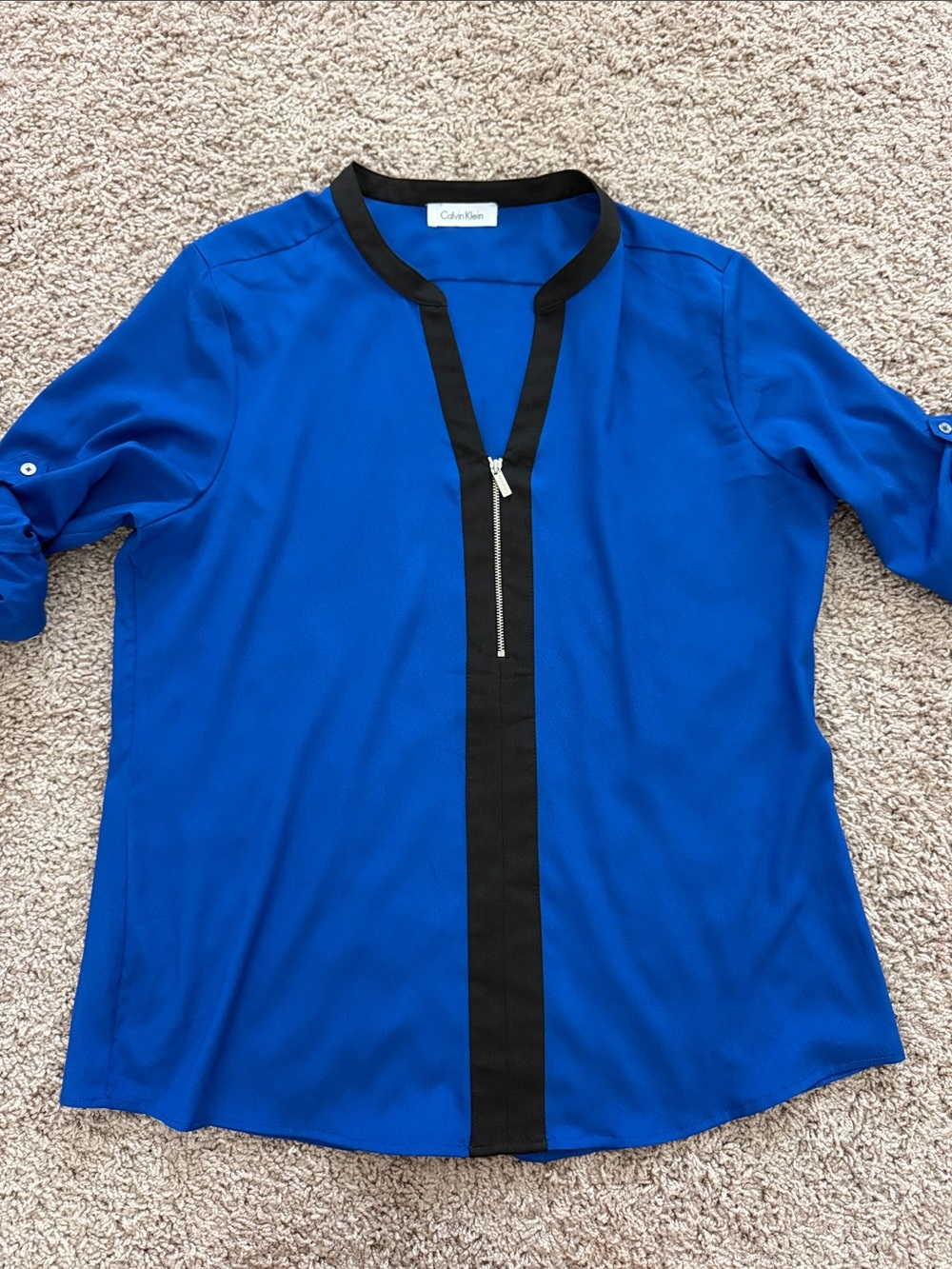 Calvin Klein Blue Blouse with Black Trim and Front Zip